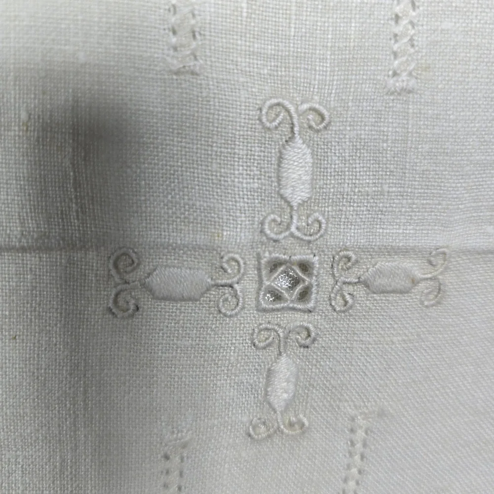 Vintage‎ White Hand Embroidered Linen Square Tablecloth 32x33 Openwork Hemstitch